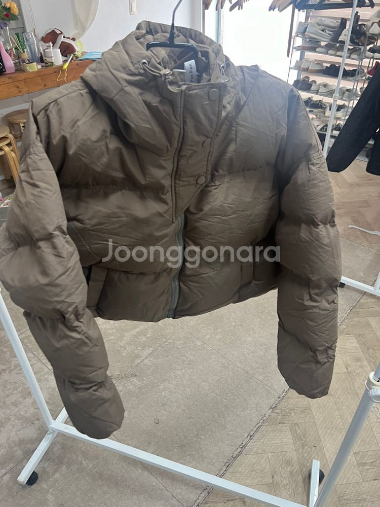 갈색 브라운 후드 숏패딩--5