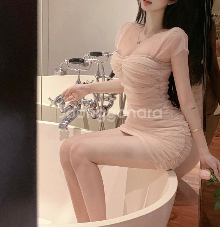 여리핏 여신 시스루 셔링 오간자 오프숄더 미니 원피스--1