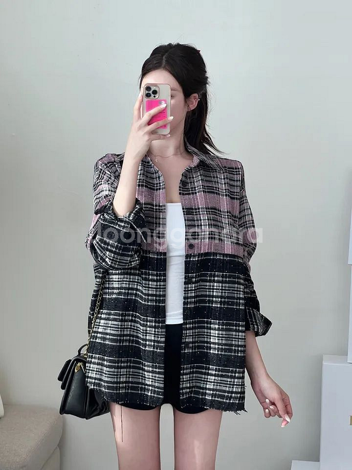 고퀄 희귀 펄 큐빅 비즈 배색 오버핏 루즈 체크 셔츠--1