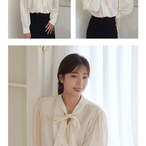 [앳코너,새상품] 넥 타이 턱 블라우스 오프화이트