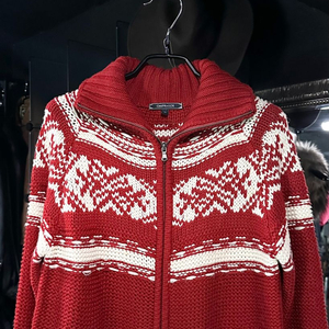 옴파로스 눈꽃 결정 무늬 빨강 레드 니트 집업 자켓