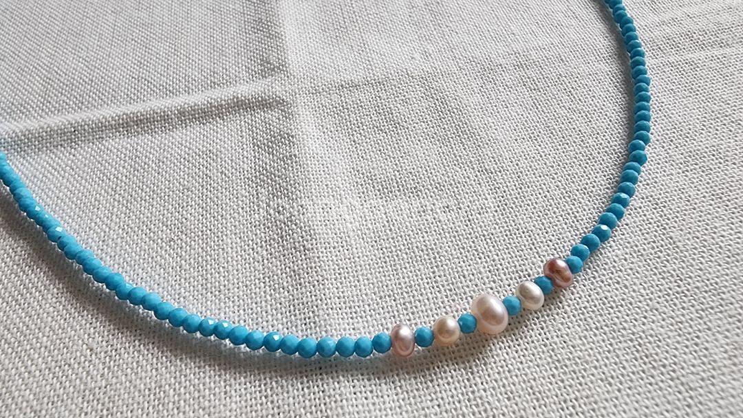핸드메이드 압축터키석 진주 목걸이 (2mm)--1