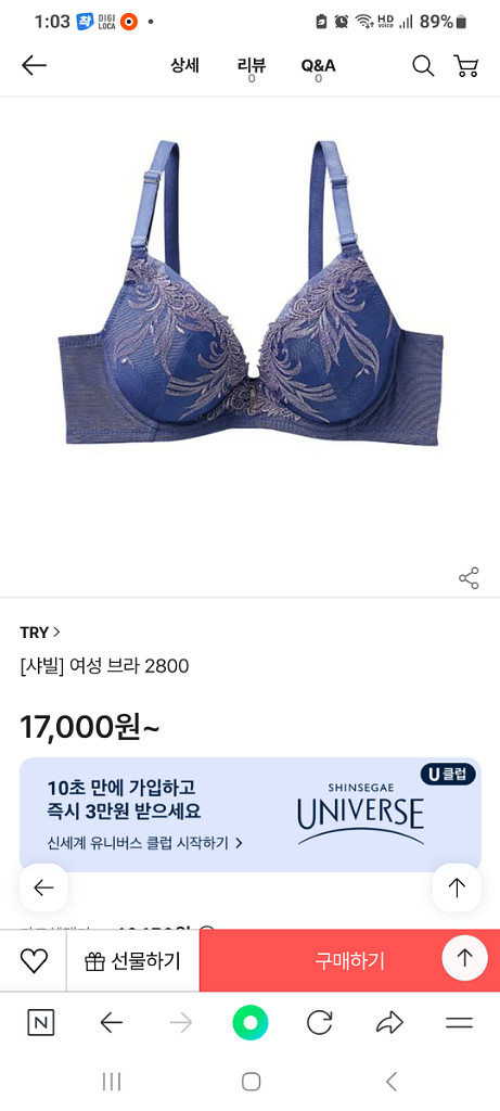 샤빌 블루 그레이 실버자수 브래지어 80C--3