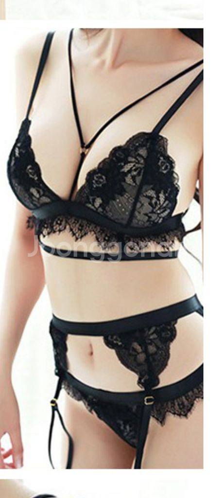 블랙 브래지어,티팬티, 가터벨트,4종 S~M--2