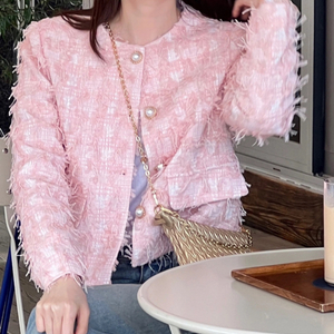 (새상품) 태슬 트위드 진주 자켓 핑크