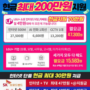 인터넷 TV 가입 최대 200만원 지원