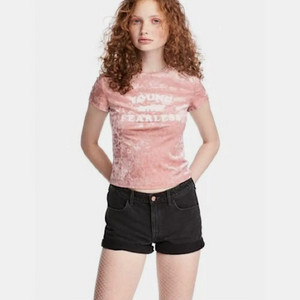 (희귀/Y2K) H&M 핑크 벨벳 크롭탑 반팔 티셔츠
