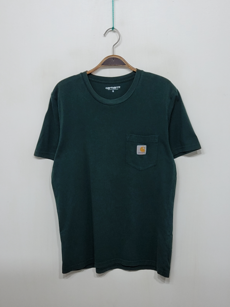 (M) 칼하트 포켓 반팔티 녹색 로고 면티셔츠