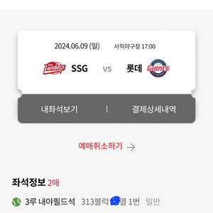 6월9일 롯데 SSG 3루내야 통로 2연석