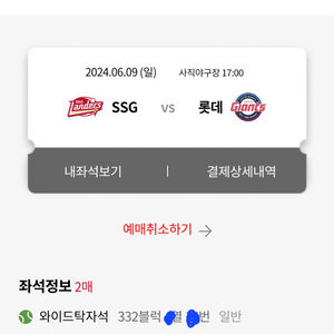 6월 9일 롯데 SSG 와이드탁자 2연석