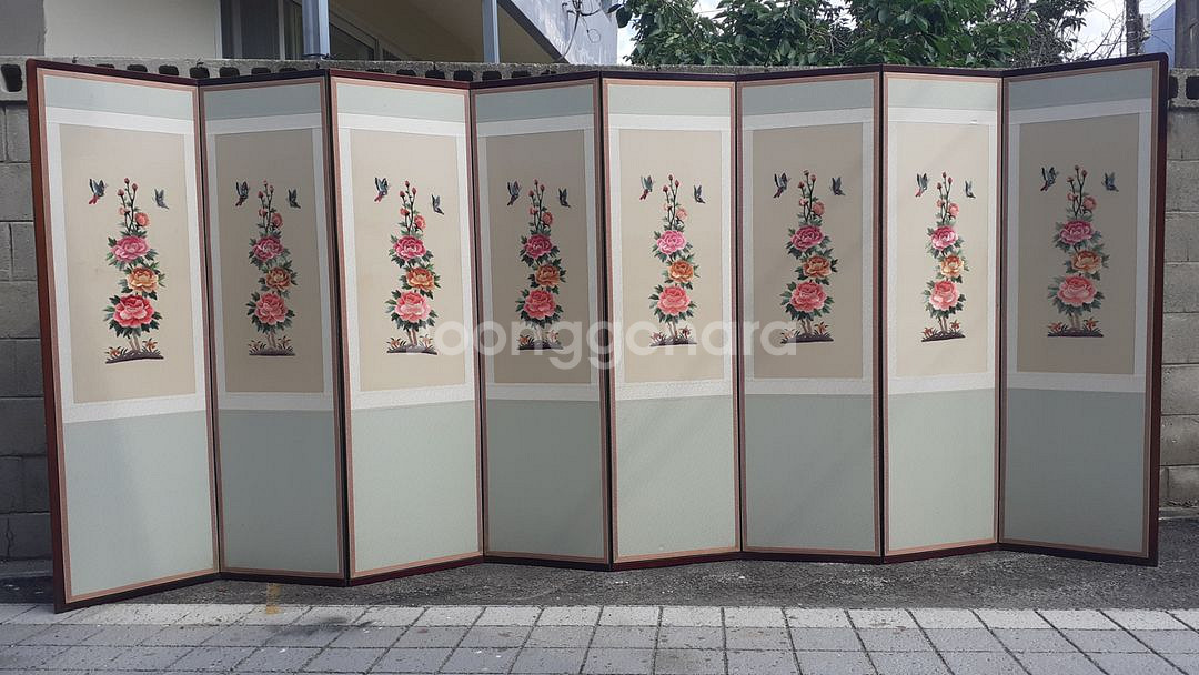 모란도 자수 8폭 병풍--0