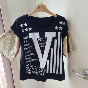 여성 골드 스팽글 블랙 프린팅 루즈핏 반팔 티셔츠