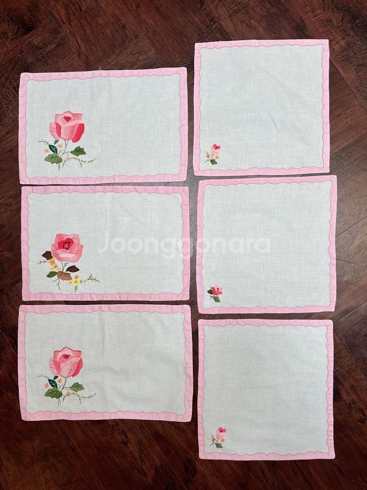프랑스 빈티지 핑크 자수 식탁매트 냅킨 세트--1