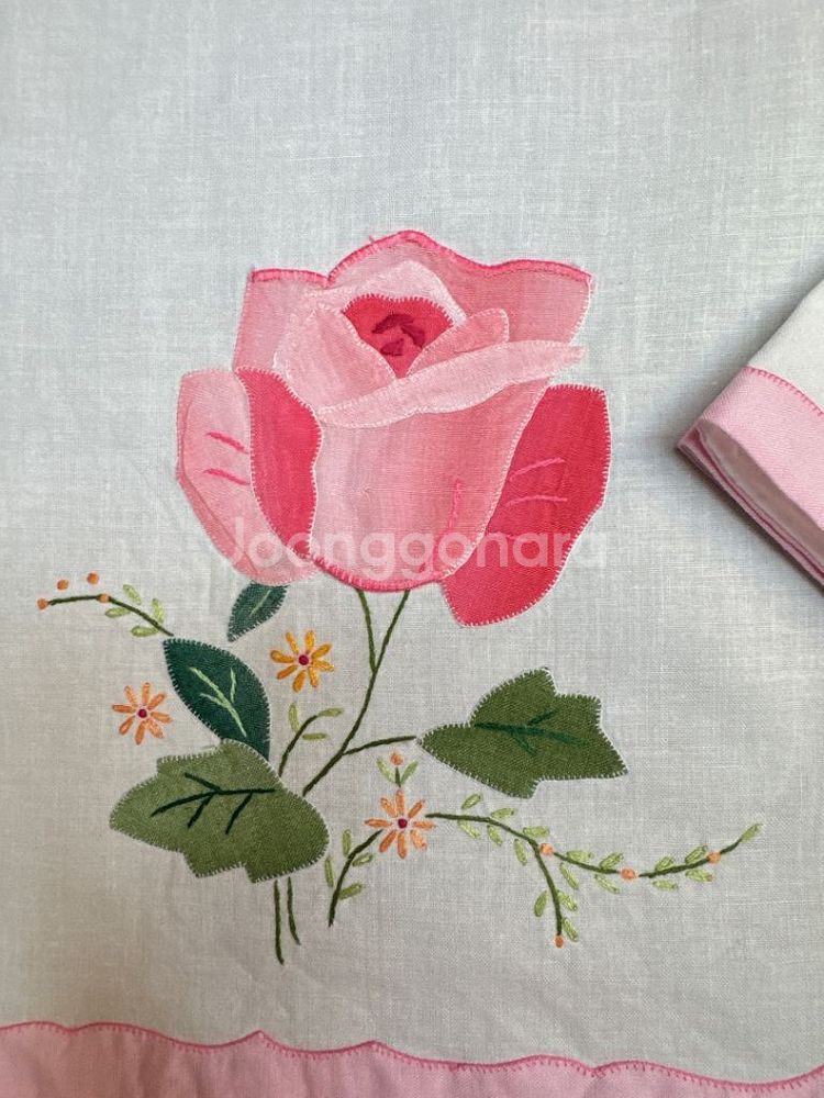 프랑스 빈티지 핑크 자수 식탁매트 냅킨 세트--7