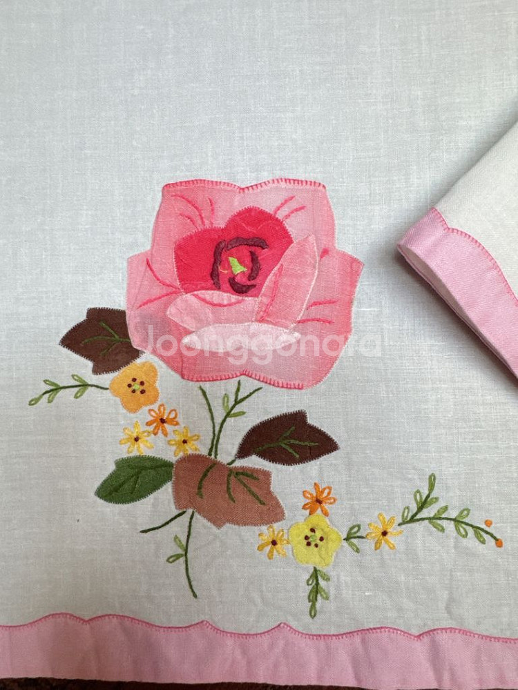 프랑스 빈티지 핑크 자수 식탁매트 냅킨 세트--4