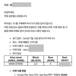 UEFA 유로 2024 결승전 티켓1매 7월14일 독일