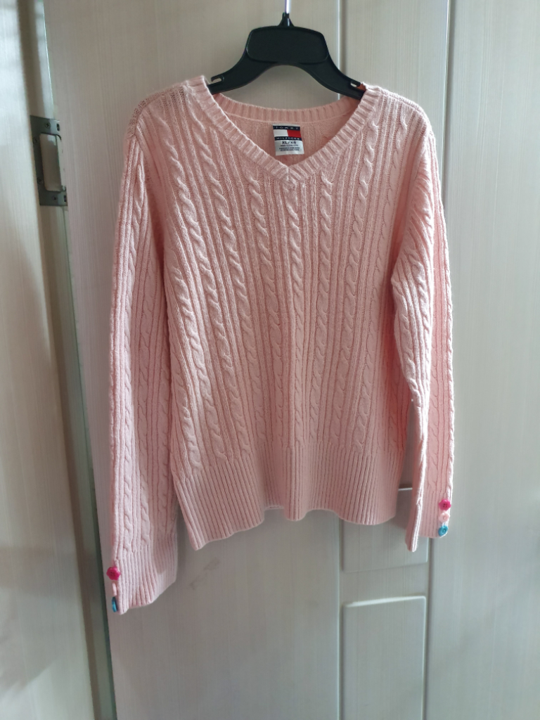 타미힐피거 브이넥 꽈베기 니트 스웨터 XL 핑크4455
