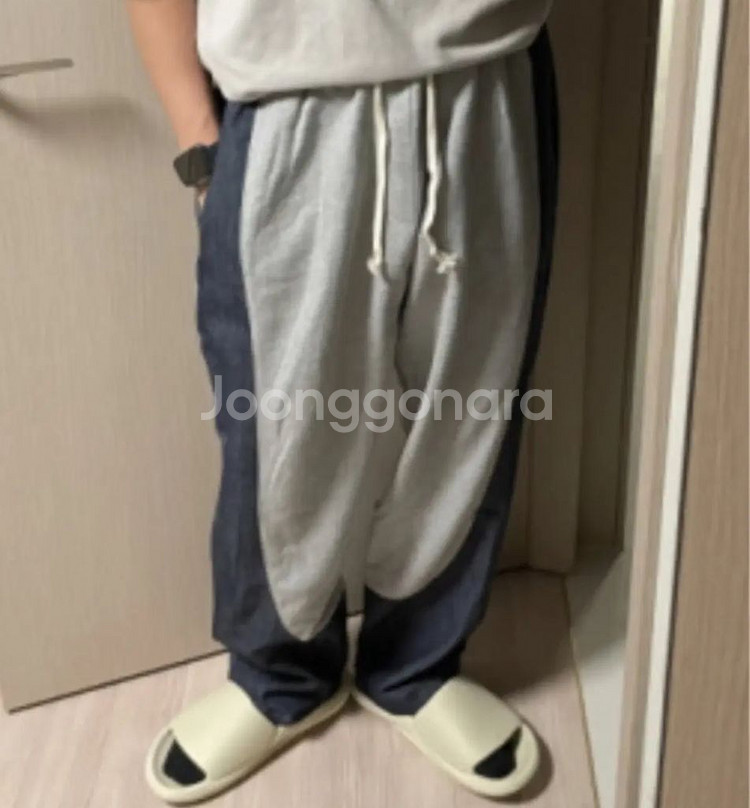 정품 피스오브마인드 U라인 배색 스웻 데님팬츠 밴딩바지--2