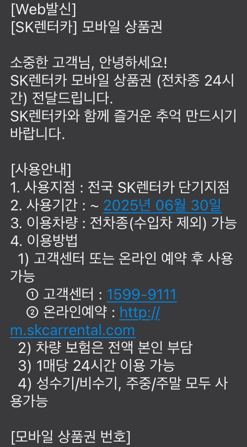 SK렌터카 전차종 이용권 3매 팝니다