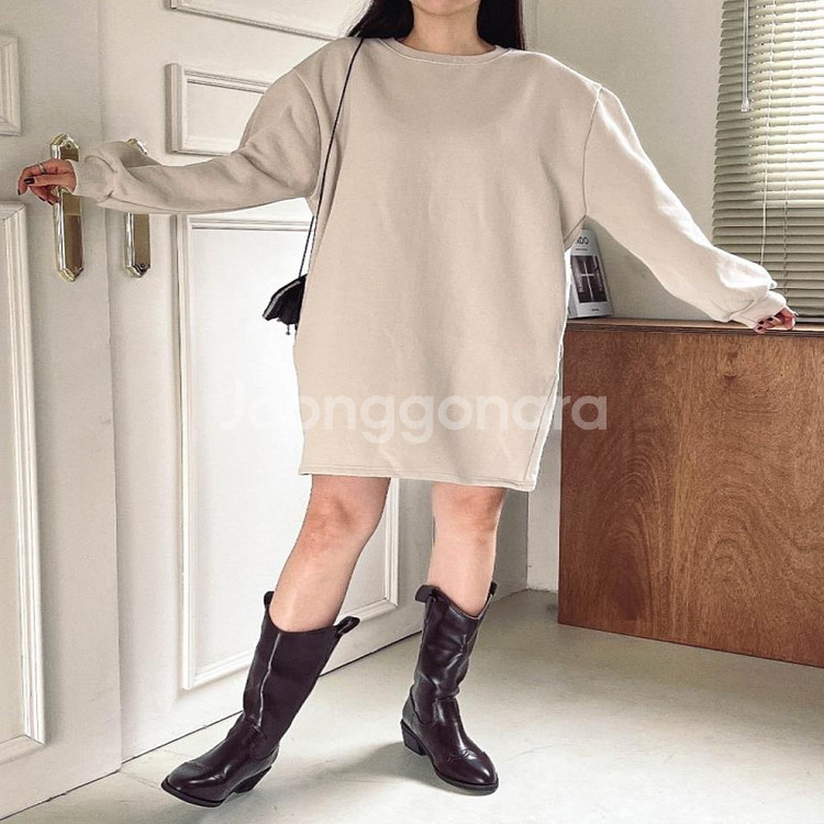 여자 기모 라운드넥 루즈핏 무지면 가을겨울 원피스--0