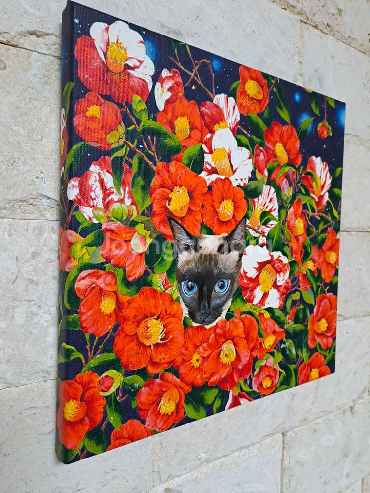 동백꽃 샴고양이 아크릴 그림액자입니다--2