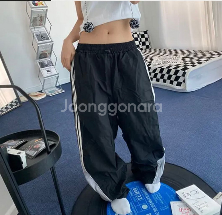 에이블리 롱 와이드 스트링 나일론 스트릿 조거 팬츠--0