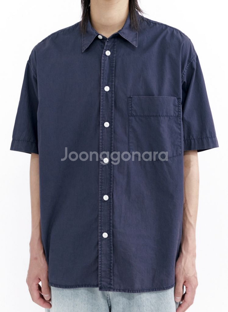 폴리테루 1/2 레귤러 셔츠 코튼 퍼플 네이비 워시드--1