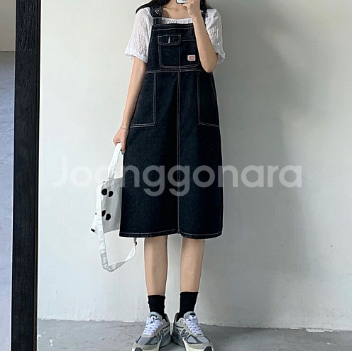 루즈 데님 멜빵 포켓 롱원피스 롱스커트--3