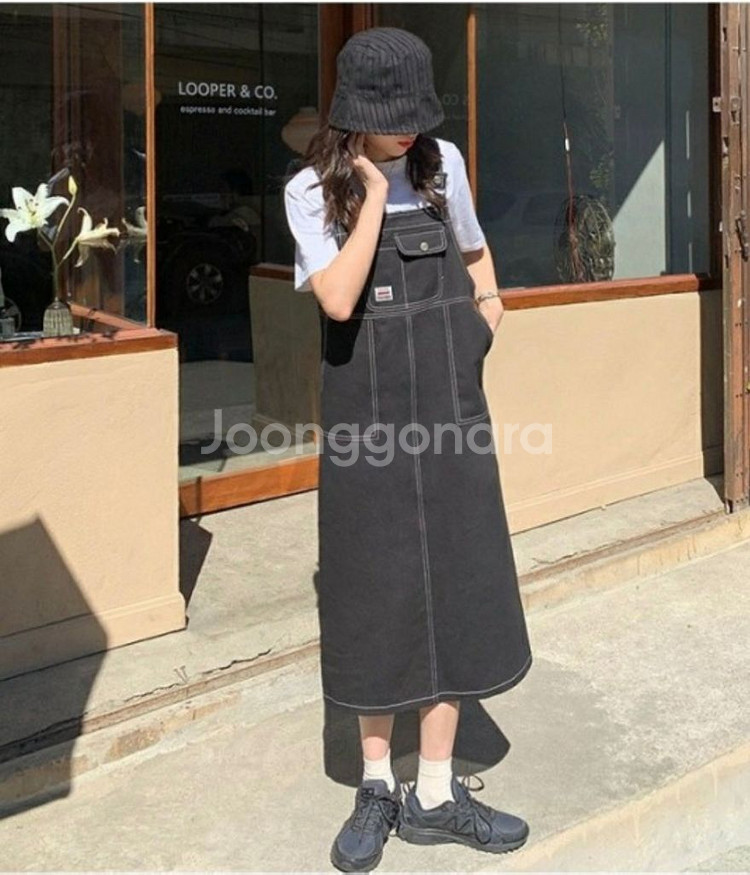 루즈 데님 멜빵 포켓 롱원피스 롱스커트--2