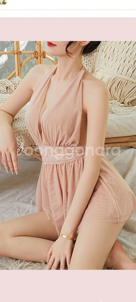 핑크 홀터넥 시스루 미니원피스 슬립 44~66--1