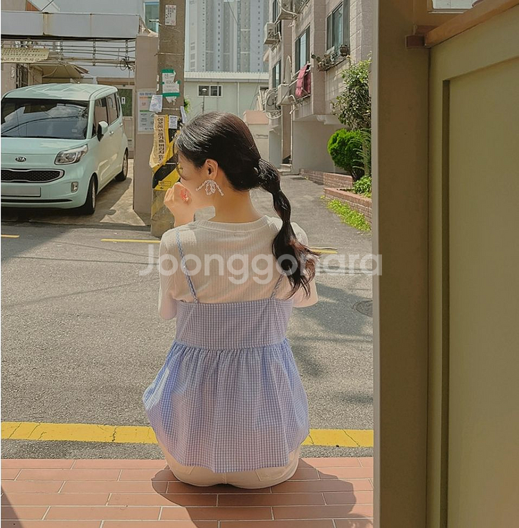 비닐포장새상품)여름 여자 블루 체크무늬 민소매나시티셔츠--3
