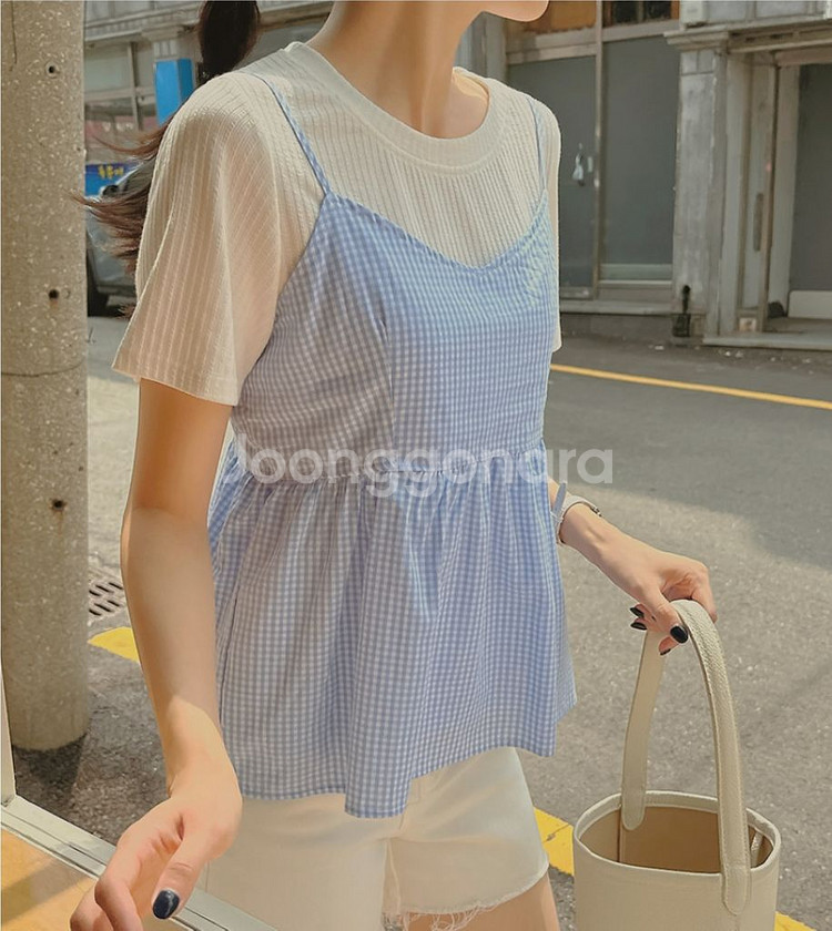 비닐포장새상품)여름 여자 블루 체크무늬 민소매나시티셔츠--7
