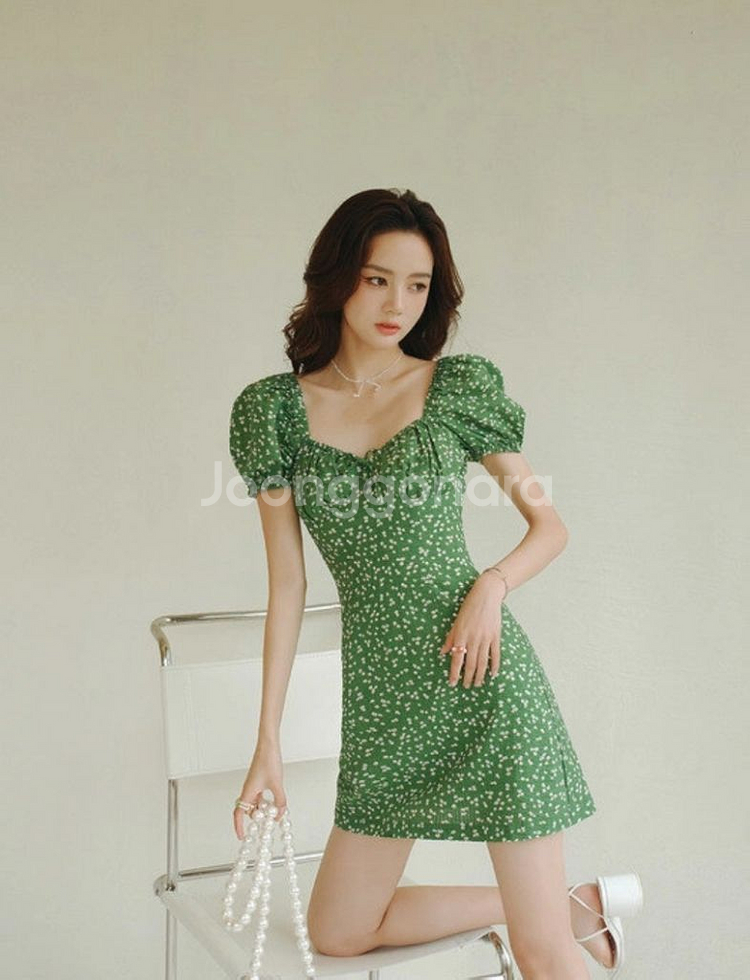 [S]신스덴 그린 미니 원피스 드레스 반팔 퍼프 꽃 플--1