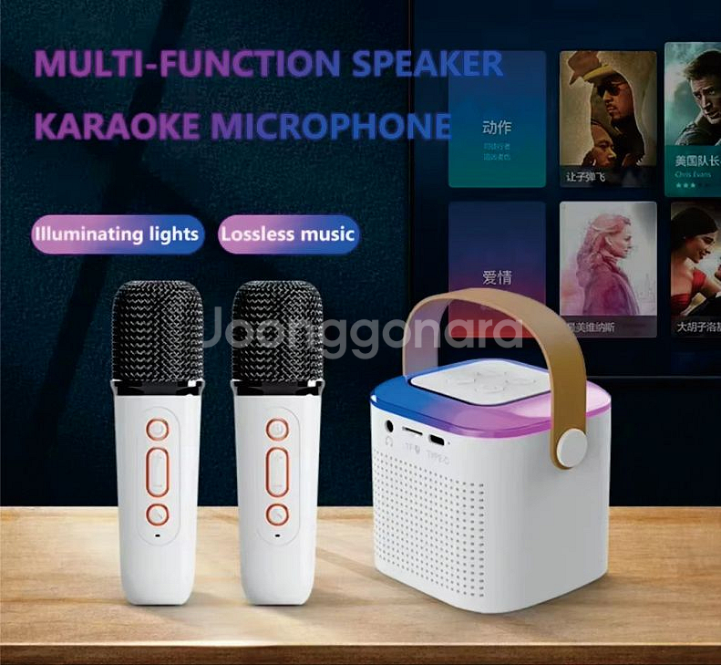 휴대용 미니 무선2마이크 노래방 블루투스 스피커--0