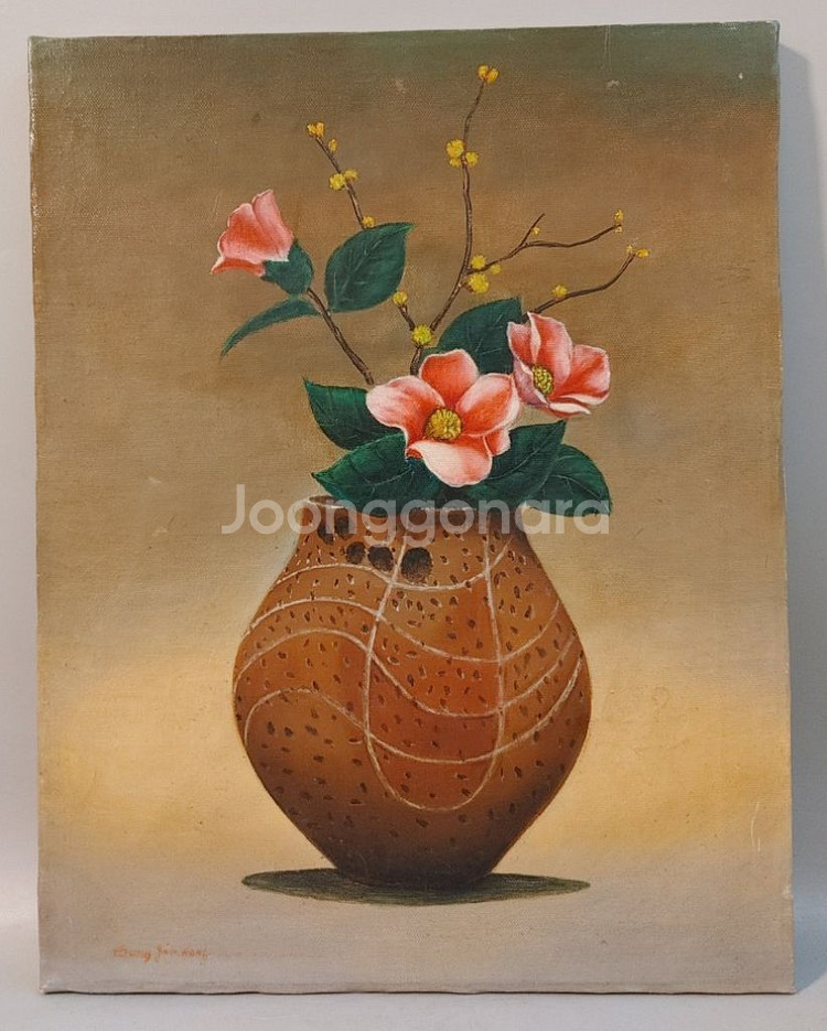 동백과 산수유 정물 유화그림--0