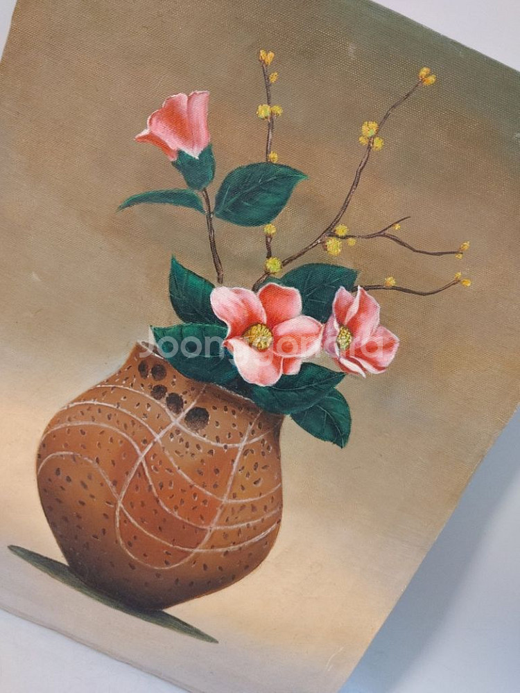 동백과 산수유 정물 유화그림--2