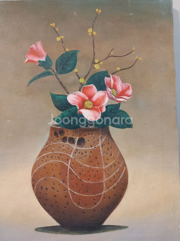 동백과 산수유 정물 유화그림--1