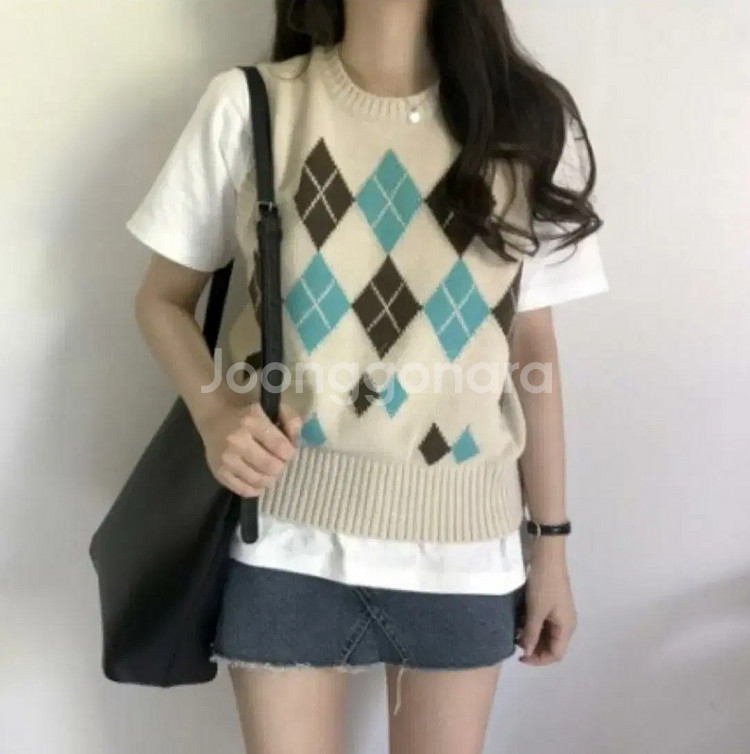 모던로브 코디세트 아가일니트조끼 a라인데님스커트 청치마--4