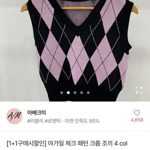 아가일 패턴 조끼 니트 핑크검정 (새상품)