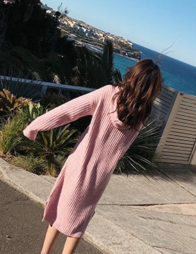 (새옷) 퍼플 핑크 골지 울 후드 트임 니트 원피스--3