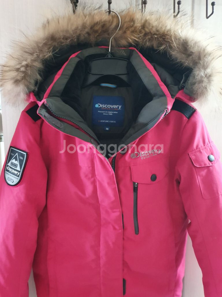 디스커버리 라쿤털 구스다운 숏패딩 90 핑크 거위털--1