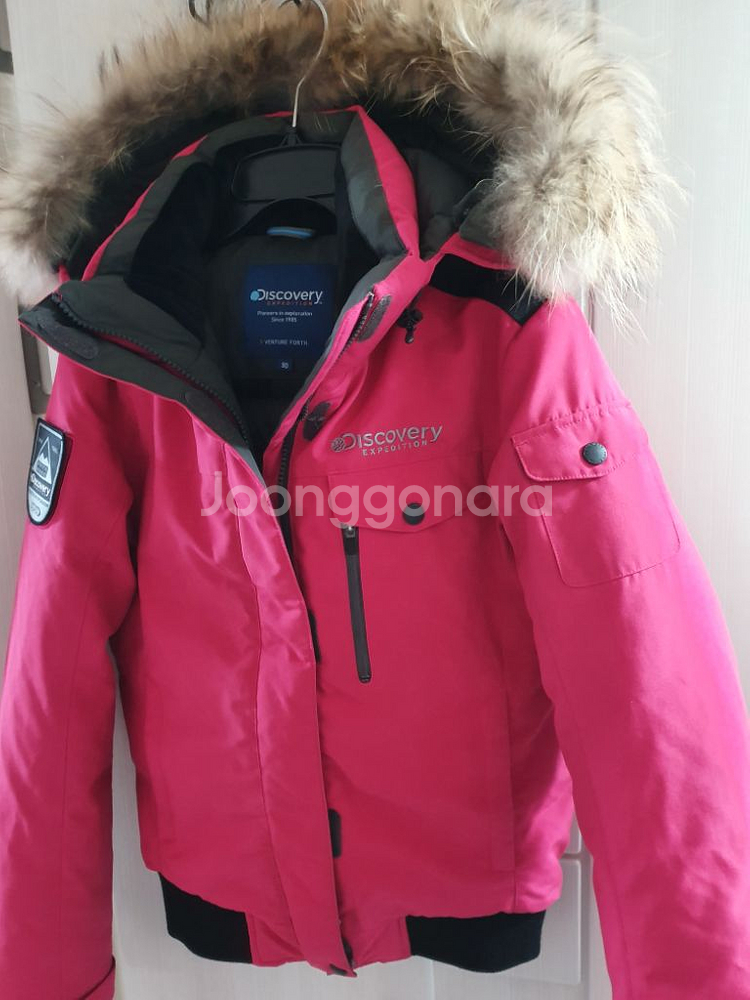 디스커버리 라쿤털 구스다운 숏패딩 90 핑크 거위털--4