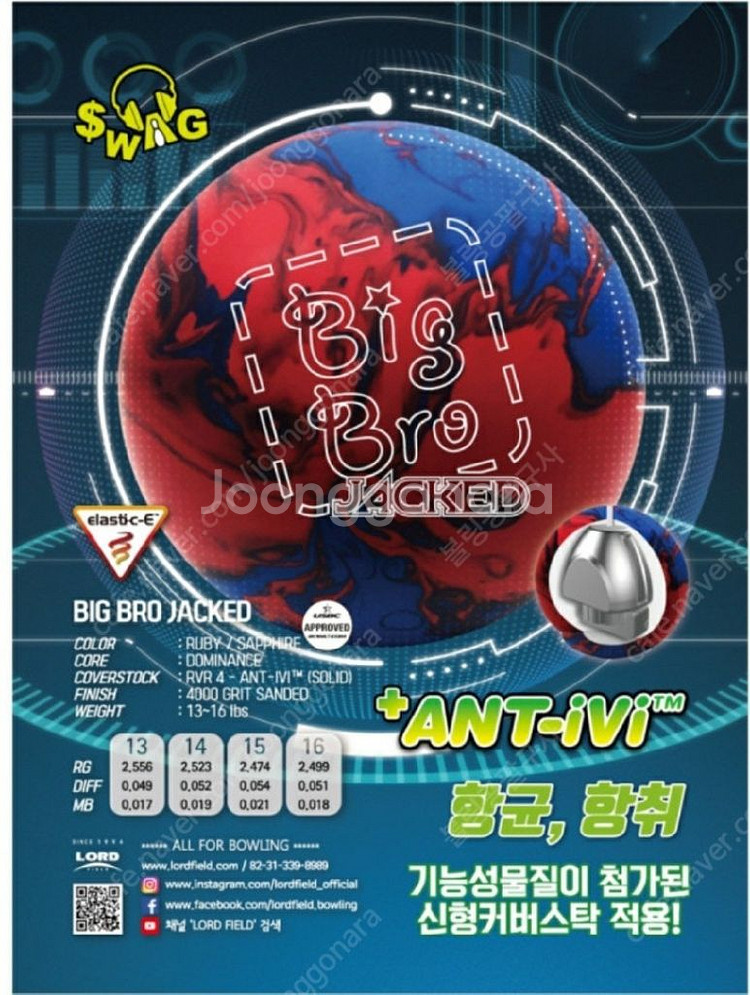 (볼링 볼링공)스웨그 빅브로 잭키드 15P(스판9.3--5