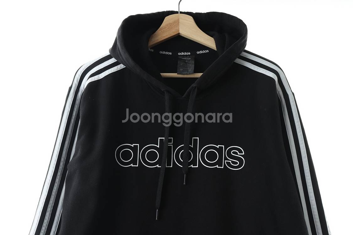 (L) 아디다스 후드티셔츠 블랙 기모 삼색선 한정판--2