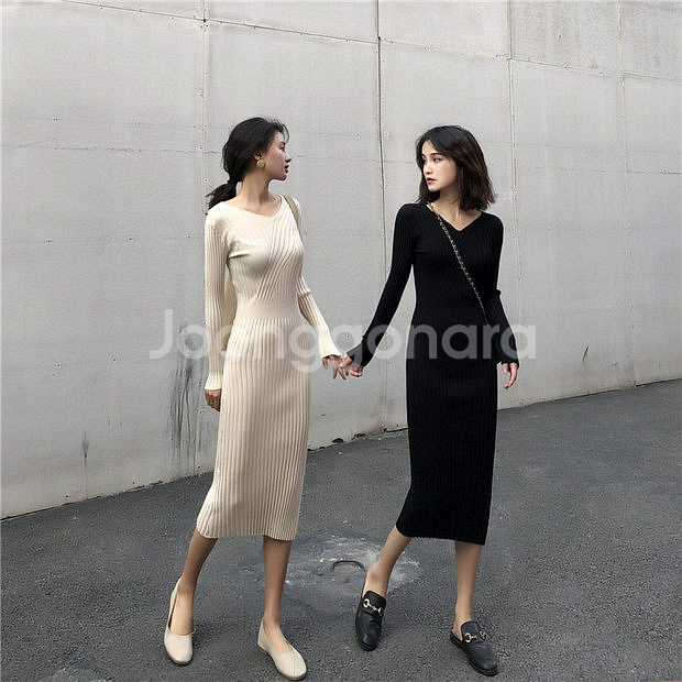 (새옷) 44-55 가을 겨울 골지 도톰 니트 롱원피스--5