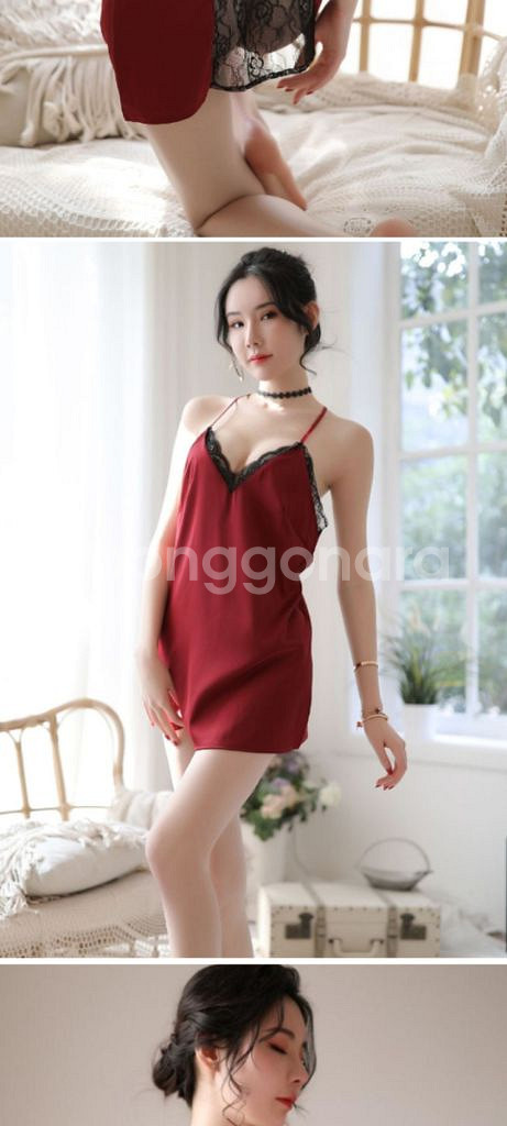 레드 블랙 시스루 홀터넥 슬립+티팬티 2종 S~M--2