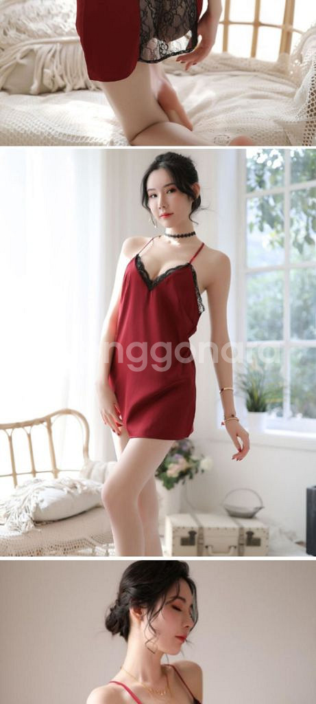 레드 블랙 시스루 홀터넥 슬립+티팬티 2종 S~M--4