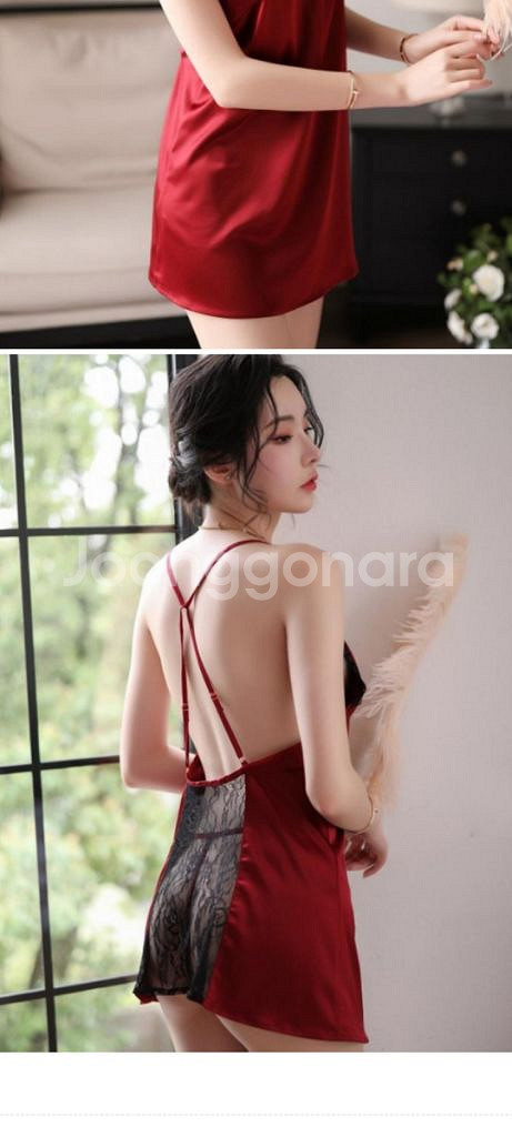 레드 블랙 시스루 홀터넥 슬립+티팬티 2종 S~M--5