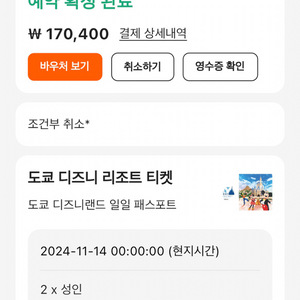 11월14일 도쿄 디즈니랜드 성인2인 입장권