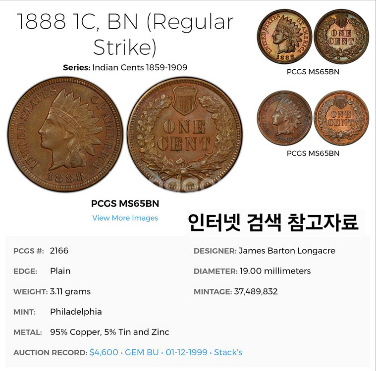 희귀 토닝동전 빈티지 미국주화 인디언 헤드 1888년--7